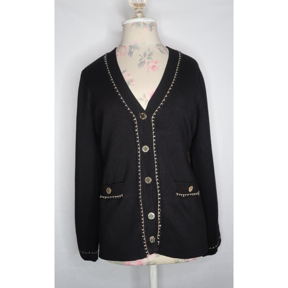 Anne Klein Gold Button Front Cardigan Sweater Gold Trim Knit Jacket Women M NWT